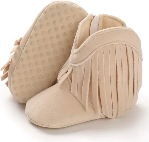 Vista 3 de Timatego Botas vaqueras con borlas para bebé, con cremallera lateral, antideslizantes, para bebés, bebés, para primer caminante, cálidos, para 02