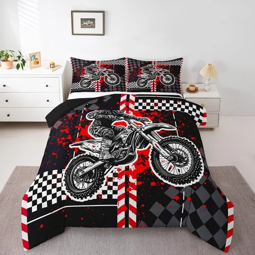 Vista 7 de Feelyou Kids Green Dirt Bike Duvet Insert Twin Size, Extreme Sports Comforter Set Boys Girls Motorbike Bedding Set Teens Bedroom Decor Microfiber