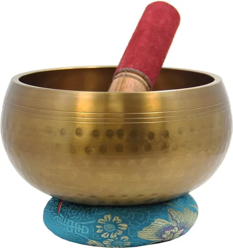 Vista 8 de DharmaObjects Juego de mazo tibetano martillado a mano de 4.5 pulgadas Oro