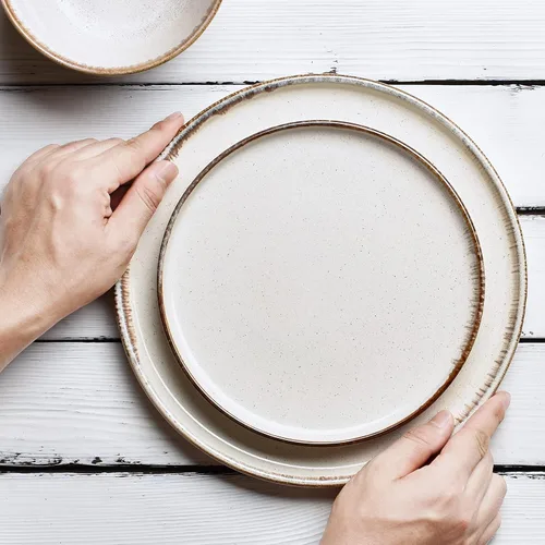 Vista 4 de Bosmarlin Juego de 4 platos de cerámica para ensalada, pasta, postre, microondas y lavavajillas (beige, 8.2 pulgadas)
