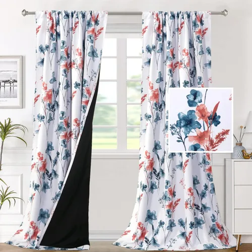 Vista 11 de H.VERSAILTEX cenefas de cortina 100% opacas para ventanas de cocina, juego de 2 paneles, estampado floral Cattleya Leah, cenefas térmicas aisladas