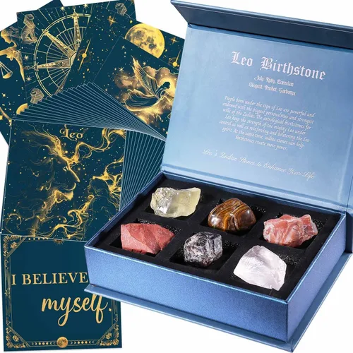Vista 16 de Faivykyd Regalo de cristales de acuario para mujer, 6 piedras del zodiaco de acuario con 50 tarjetas de afirmación de mantras milagrosos, regalos