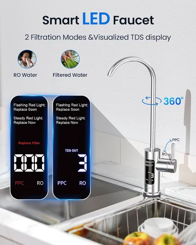 Vista 4 de KOVIET Sistema de ósmosis inversa U1 Pro, filtro de agua de ósmosis inversa sin tanque de 800GPD, sistema de filtración de agua RO de 10 etapas