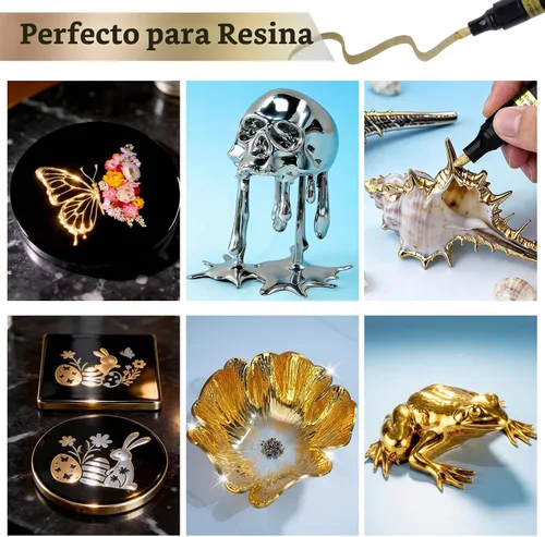 Vista 8 de LET'S RESIN 6 marcadores cromados de espejo, 3 tamaños de bolígrafo de pintura cromado brillante con barril grande, marcadores plateados y dorados