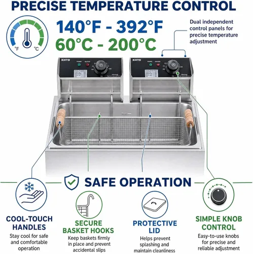 Vista 9 de Freidora comercial con canasta, freidora de aceite eléctrica de gran capacidad de 12.7 cuartos de galón / 12 L, freidora de encimera de acero