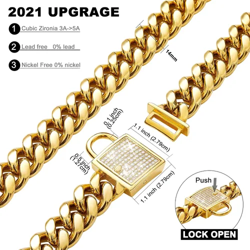 Vista 2 de Collar de cadena para perro con cierre de circonita cúbica de 0.551 in, acero inoxidable, chapado en oro de 18 quilates, cadena cubana