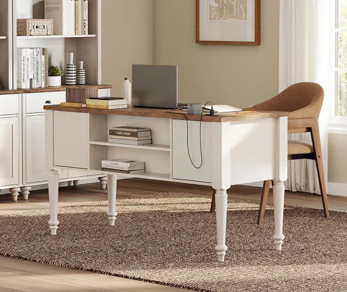 Vista 4 de Escritorio ejecutivo de estilo granja WAMPAT con 5 cajones, escritorio de oficina en casa con estación de carga, escritorio de madera para Blanco