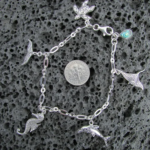 Vista 8 de Pulsera con dije Delfín Manta Ray Caballito de mar Tortuga marina cola de ballena plata de ley concha de abulón océano playa