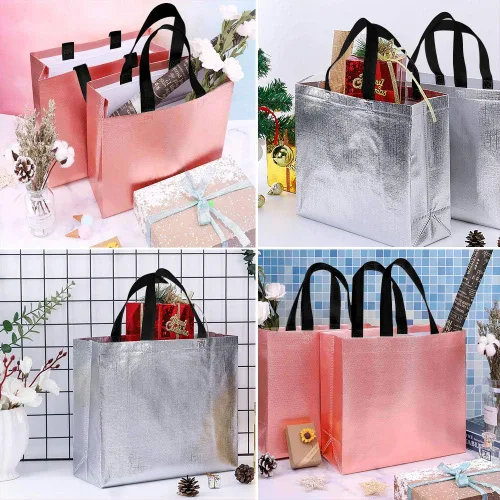 Vista 6 de M&C Music Color Bolsa de compras de comestibles reutilizable brillante con asa, bolsas de regalo de Navidad a granel para fiesta de cumpleaños