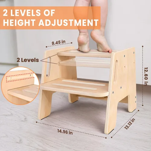 Vista 3 de Taburete para niños pequeños, taburete de madera ajustable en altura de 2 pasos para niños, taburete para entrenamiento del orinal con asas