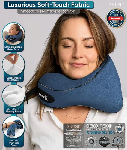 Vista 6 de SNUGL Almohada de viaje – Almohadas de espuma viscoelástica – Almohada para el cuello para avión con bolsa de transporte y clip – Almohadas de apoyo
