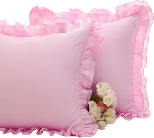 Vista 32 de Paquete de 2 fundas de cojines decorativos con volantes rosas de 18x18 pulgadas, 100% algodón estilo campestre francés rústico vintage, fundas