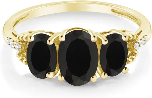Vista 2 de Gem Stone King Anillo de compromiso ovalado de oro amarillo de 10 quilates con ónix negro y diamantes para mujer