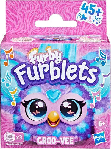 Vista 2 de Furby Furblets Groo-Vee Amigo Mini, más de 45 sonidos y música, habla solo Furbish, juguetes de peluche electrónicos, morado, regalos