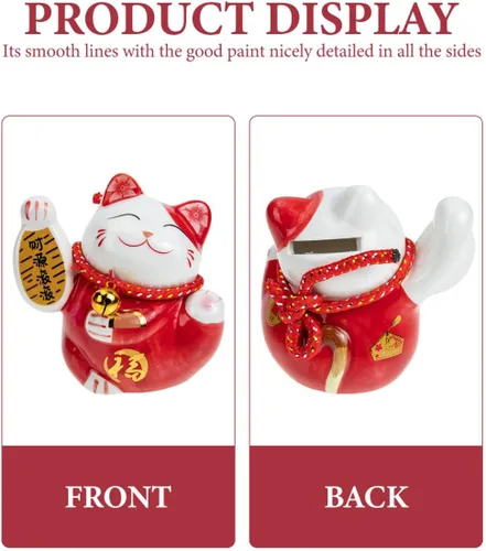Vista 6 de Tofficu Adorable banco de monedas de cerámica roja de gato de la suerte, decoración de Feng Shui, bonita decoración de habitación, gato chino