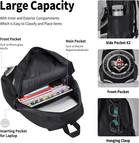 Vista 4 de SWEET TANG Mochila escolar para estudiantes, con logotipo masónico de Fe, Esperanza y Caridad, Masón, Negro, Viaje, Senderismo, Gran Capacidad