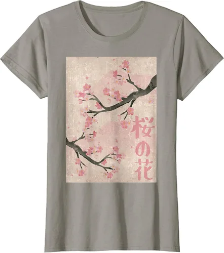 Vista 70 de Cherry Blossom Japanese Vintage Woodblock Japan Pink Sakura T-Shirt Asphalt Grey