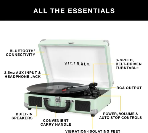 Vista 2 de Victrola Journey Tocadiscos Portátil Bluetooth Tipo Maleta - con Altavoces Integrados, Tocadiscos de Vinilo de 3 Velocidades, Salida RCA, Conector