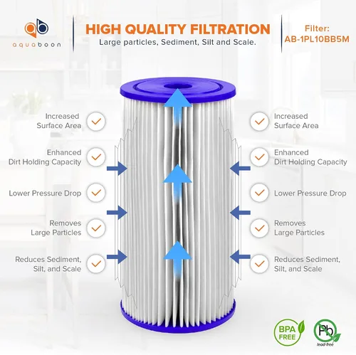 Vista 3 de Aquaboon Filtro de agua de sedimento plisado de 5 micrones, cartucho de 10 x 4.5 pulgadas, repuesto para filtro de agua para toda la casa, cartuchos