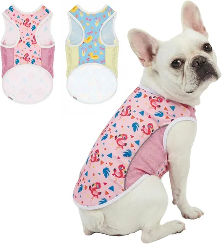Vista 30 de Camiseta para perro con protección solar UPF 50+, paquete de 2 chalecos ligeros sin mangas para perros pequeños y niñas, tiras reflectantes, ropa