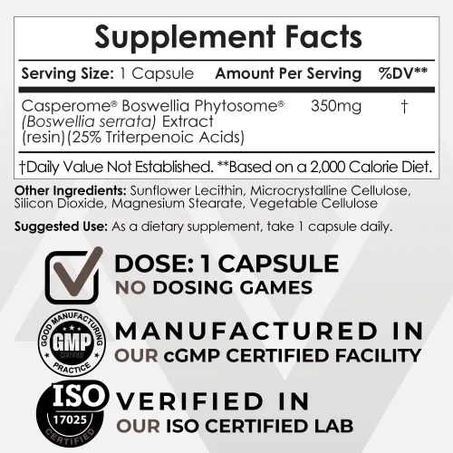 Vista 2 de Nootropics Depot Boswellia Phytosome Cápsulas 350mg Casperome 25% de ácidos triterpenoicos Boswellia serrata Incienso Salud