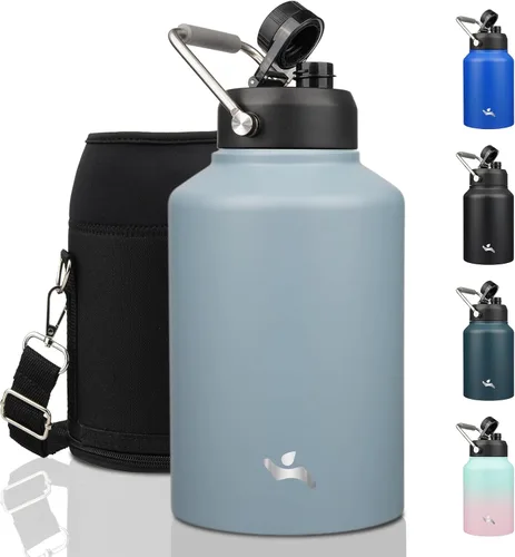 Vista 17 de Konokyo Jarra de medio galón con asa, botella de agua aislada de 64 onzas con bolsa de transporte, botella de metal de acero inoxidable al vacío