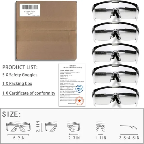 Vista 2 de Gafas de seguridad, 5 gafas protectoras ajustables de visión amplia, gafas de seguridad ligeras a prueba de niebla
