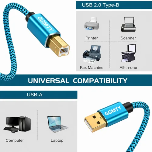 Vista 2 de Cable de impresora USB de 6 pies, cable USB 2.0 trenzado de nailon tipo A a B macho con conectores chapados en oro, cable escáner de transferencia