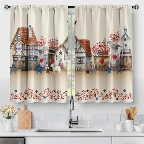 Vista 7 de Aimego Cortinas de Cocina de Eucalipto Primaveral - Hojas de Plantas de Acuarela Floral Azul con Cortinas de Nivel Botánico Floral para Cafetería