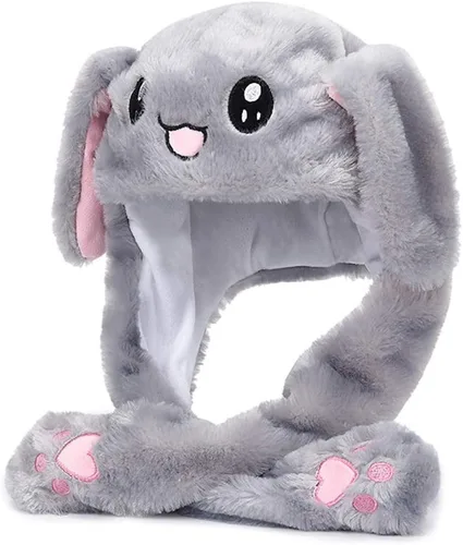 Vista 3 de Topwon - Gorro de conejo de peluche con orejas de conejo que aparecen cuando se presionan las patas, color gris