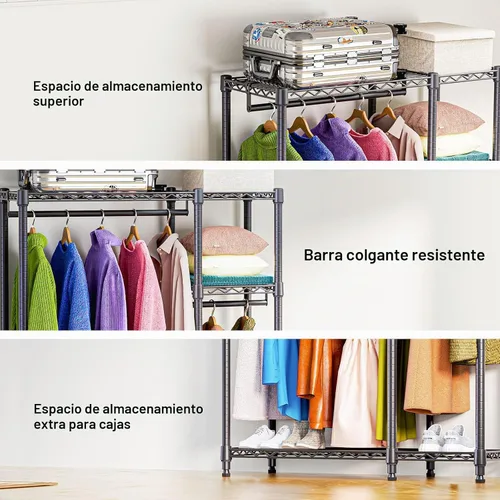 Vista 3 de M MZG Perchero resistente con ruedas de 3 niveles de alambre ajustable con 3 varillas y ganchos laterales, estante de ropa para armario, color Negro