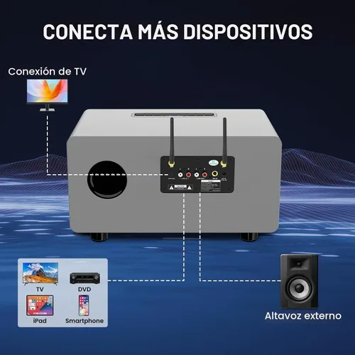 Vista 5 de Máquina de Karaoke RHM K222, Conexión a TV vía Óptica o Bluetooth, con Sonido Potente, Bajos Profundos, 2 Micrófonos Inalámbricos UHF y 5 Modos