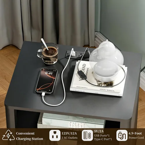 Vista 4 de Mesita de noche LED acanalada, mesita de noche curvada inteligente con iluminación de estación de carga, mesa auxiliar de madera con 2 cajones