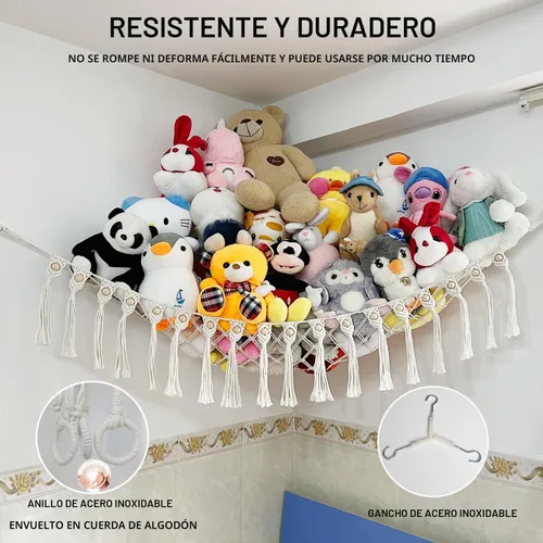 Vista 5 de Red Grande para Animales de Peluche o Hamaca, Hamaca de Juguete de Macramé Boho con Luces LED, Red que Decora la Habitación y Ahorra Espacio