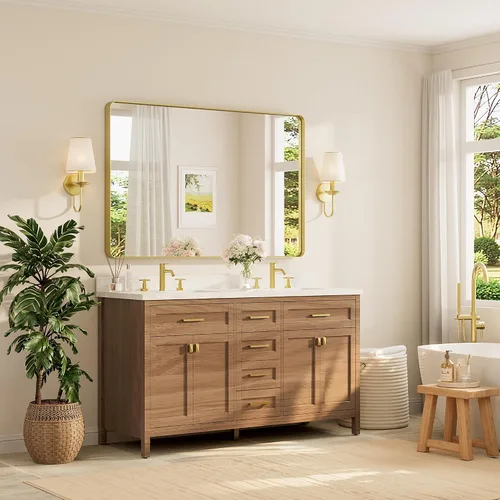 Vista 192 de TETOTE Espejo de marco dorado cepillado de 16 x 24 pulgadas, espejo de tocador de baño de latón dorado para pared, espejo enmarcado rectangular