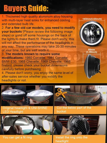 Vista 6 de 4 piezas de faros LED UNI-SHINE de 5 3/4" con haz alto y bajo, señal de giro ámbar, DRL blanco, anillo de halo