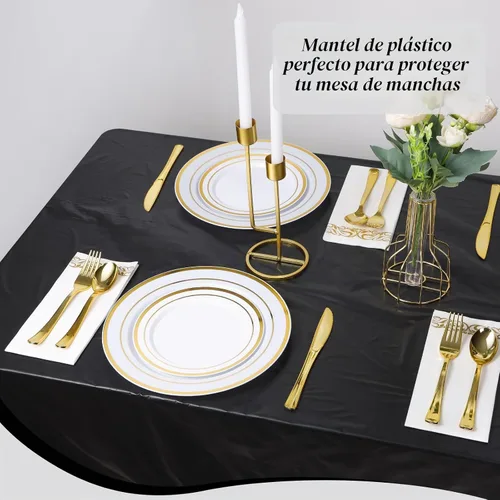 Vista 5 de Goodluck Manteles de Plástico de 54 Pulgadas X 300 Pies con Caja Cortadora, Rollo de Cubierta de Mesa Desechable Negro, Mantel de Plástico