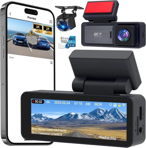 Vista 16 de Cámara frontal para automóvil con WiFi integrado y control de aplicación, cámara de tablero 4K con tarjeta gratuita de 32 GB, cámara de tablero