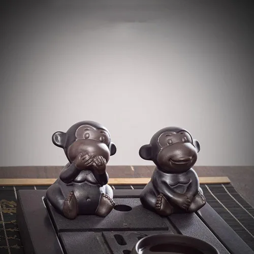 Vista 5 de Juego de 4 estatuas de monos sabios, cerámica negra, no escucha el mal, no ve, no habla mal, no habla mal, no hacer mal, no hacer mal, figuras