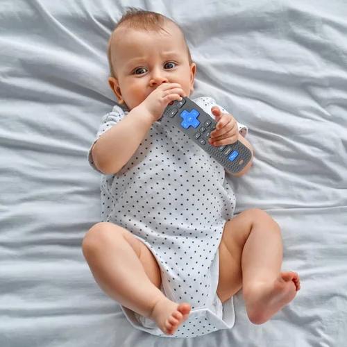 Vista 2 de Eascrozn Paquete de 2 juguetes de dentición de silicona para bebés, juguetes de dentición con forma de control remoto para bebés de 6 a 12 meses