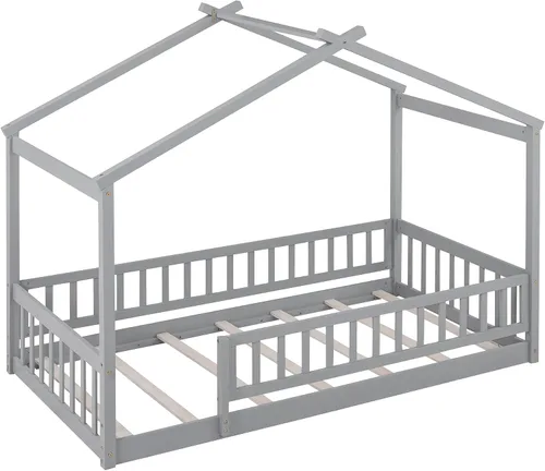 Vista 9 de MERITLINE Cama individual Montessori para niños, marco de cama individual Montessori con rieles y techo, no necesita somier, para niños, Gris