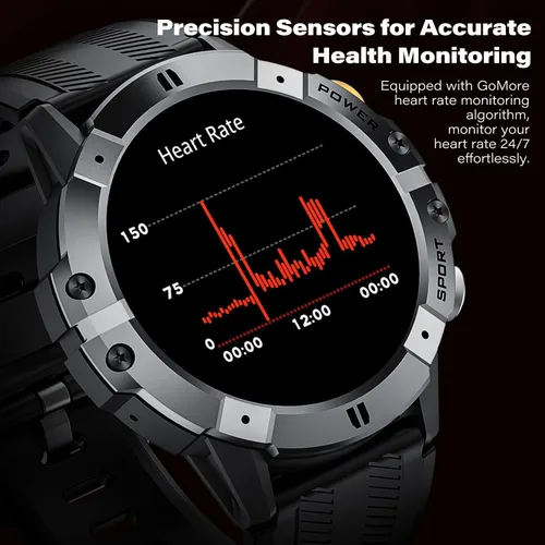 Vista 5 de Relojes inteligentes militares para hombres, llamadas Bluetooth, rastreador de actividad impermeable de 1 ATM con algoritmo GoMore, frecuencia