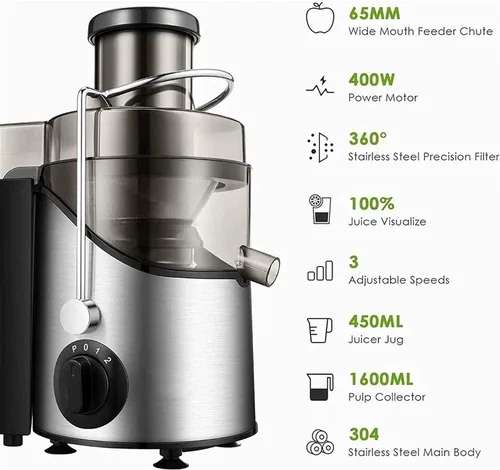 Vista 5 de Máquina exprimidora, exprimidor centrífugo, extractor centrífugo de 2 velocidades, extractor para frutas y verduras, sin BPA, fácil de limpiar, 400