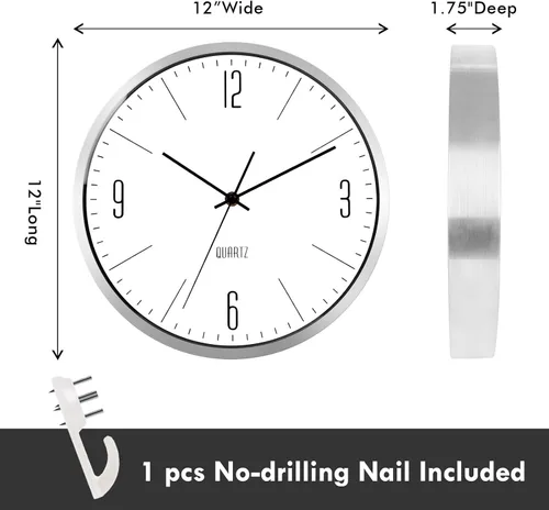 Vista 4 de Reloj de pared de metal de 12 pulgadas, silencioso, sin tictac, decorativo, moderno, analógico, de cuarzo, funciona con pilas, para dormitorio, sala