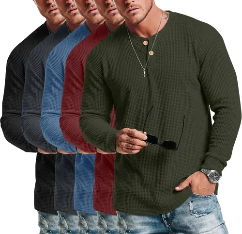 Vista 6 de Ficerd Paquete de 5 camisas de manga larga para hombre Waffle Henley