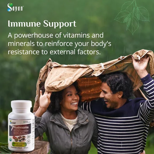 Vista 2 de Sayan 7 Extracto de hongos 90 cápsulas/440 mg ea – Apoyo inmunológico y energía – Chaga orgánico, Reishi, melena de león, maitake, shiitake, mezcla