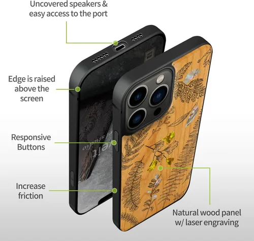 Vista 6 de Carveit Funda protectora de madera de diseñador para iPhone 13 Pro, grabado en madera e incrustaciones de concha, compatible con 13 Pro MagSafe