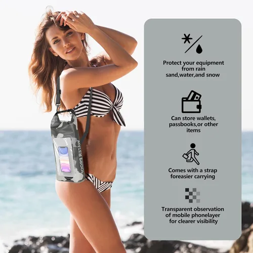 Vista 3 de Bolsa impermeable IP68, 2L - Bolsa impermeable para piscina con tapa enrollable, bolsas secas para kayak impermeables con bolsa para teléfono, bolsa