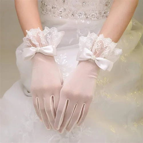 Vista 2 de R STAR - Guantes cortos de encaje floral, guantes de longitud de muñeca para mujer para boda (B), B