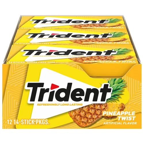 Vista 29 de 12 paquetes de 14 unidades cada uno; es decir, en total son 168 unidades de goma de mascar Trident Bubblegum sin azúcar sabor chicle. Accesorios